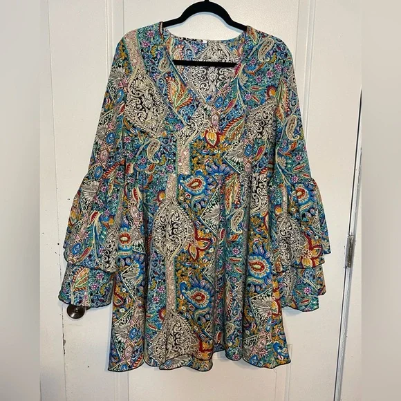 SHEIN Blue and Orange Tiered Ruffled Long Sleeve Dress - Picture 8 of 8